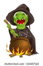 Cartoon illustration of a witch stirring concoction in the cauldron