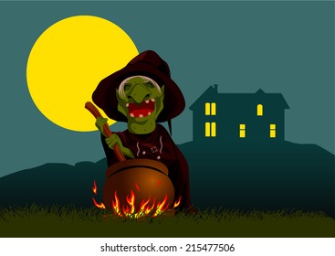 Cartoon illustration of a witch stirring concoction in the cauldron