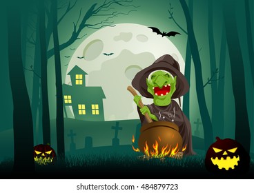 Cartoon illustration of a witch stirring concoction in the cauldron in the dark scary woods, for Halloween theme and background