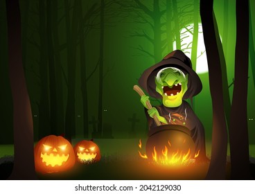 Cartoon-Illustration eines Hexenrührtranks im Kessel im dunkelgruseligen Wald, zu Halloween-Thema und Hintergrund