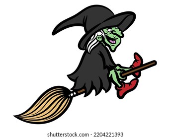 Cartoon illustration of witch wearing hat and ugly dress, flying using a broomstick, best for mascot, logo, and sticker with halloween themes for kids