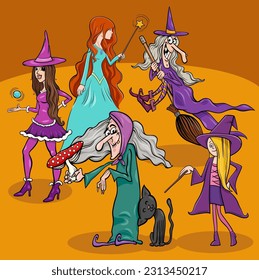 Cartoon illustration of witches fairy tale or fantasy characters group
