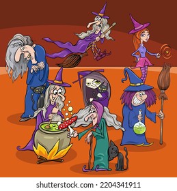 Cartoon illustration of witches group on Halloween time