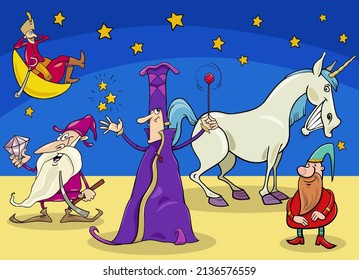 Cartoon illustration of wizard and dwarfs fantasy or fairy tale characters group