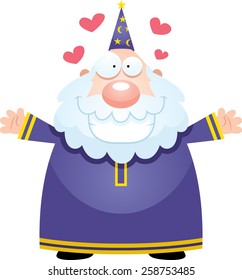 A cartoon illustration of a wizard ready to give a hug.