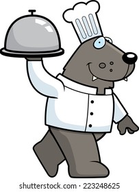 A cartoon illustration of a wolf chef serving food.