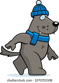 A cartoon illustration of a wolf dressed in winter clothing.