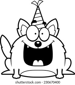 A cartoon illustration of a wolf with a party hat looking happy.