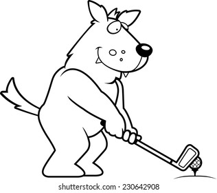A cartoon illustration of a wolf playing golf.