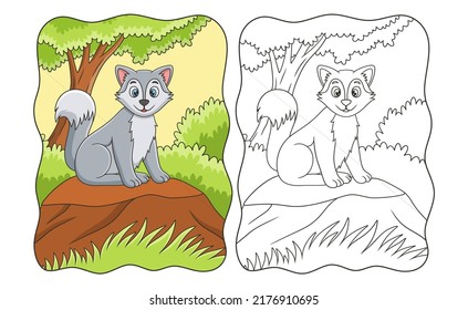 cartoon illustration wolf sitting coolly cliff under big tree to enjoy the morning air book page for kids
