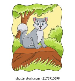 cartoon illustration wolf sitting coolly cliff under big tree to enjoy the morning air