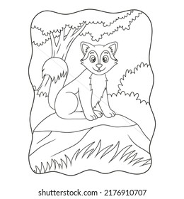cartoon illustration wolf sitting coolly cliff under big tree to enjoy the morning air book page for kids black   white