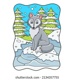 Cartoon-Illustration Der Wolf sitzt im Winter auf einem großen schneebedeckten Felsen