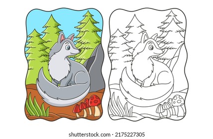 cartoon illustration The wolf is sitting relaxing in the middle of the forest and looking back as if someone is watching him book or page for kids