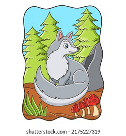 cartoon illustration The wolf is sitting relaxing in the middle of the forest and looking back as if someone is watching him