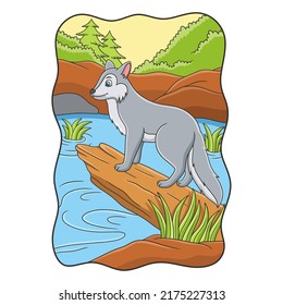 cartoon illustration the wolf is standing coolly on a fallen tree trunk by the river looking in the opposite direction