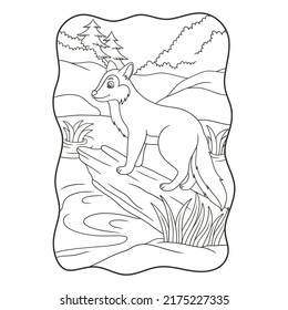 cartoon illustration the wolf is standing coolly on a fallen tree trunk by the river looking in the opposite direction book or page for kids black and white