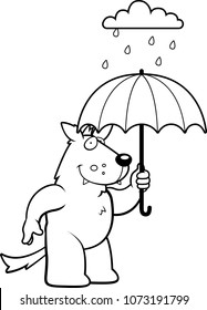 A cartoon illustration of a wolf with an umbrella in the rain.