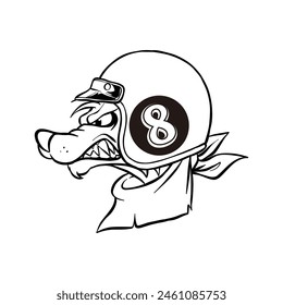 cartoon illustration of a wolf wearing a helmet in black and white