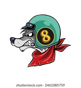 cartoon illustration of a wolf wearing a helmet