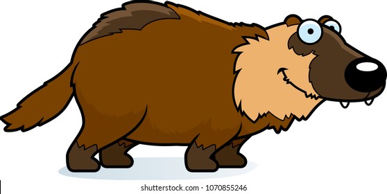 A cartoon illustration of a wolverine smiling and standing.