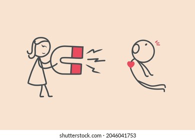 cartoon illustration of a woman attracting a man's heart with a love magnet. Simple colored element illustration. Couple with cup of tea outline symbol design from friendship set