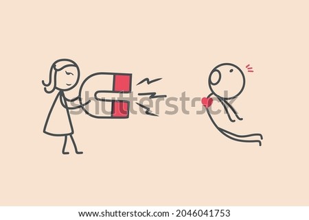 cartoon illustration of a woman attracting a man's heart with a love magnet. Simple colored element illustration. Couple with cup of tea outline symbol design from friendship set
