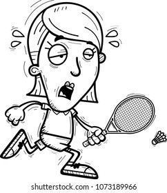 A cartoon illustration of a woman badminton player running and looking exhausted.