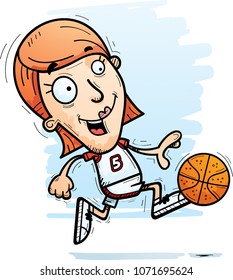 A cartoon illustration of a woman basketball player running.
