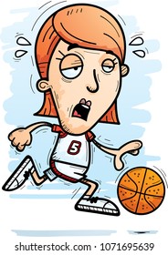 A cartoon illustration of a woman basketball player running and looking exhausted.