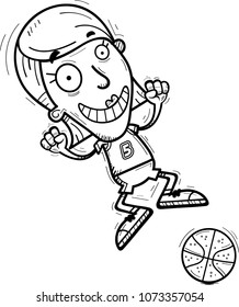 A cartoon illustration of a woman basketball player jumping.
