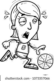 A cartoon illustration of a woman basketball player running and looking exhausted.