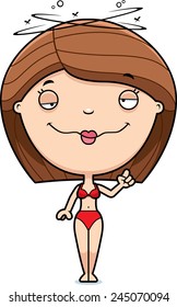 A cartoon illustration of a woman in a bikini looking drunk.