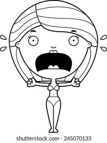 A cartoon illustration of a woman in a bikini looking scared.