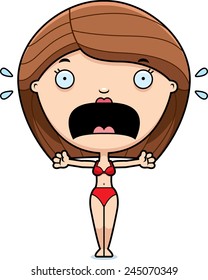 A cartoon illustration of a woman in a bikini looking scared.