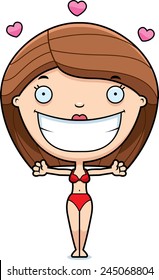 A cartoon illustration of a woman in a bikini ready to give a hug.