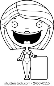 A cartoon illustration of a woman in a bikini with a sign.