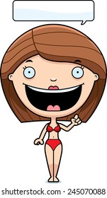 A cartoon illustration of a woman in a bikini talking.