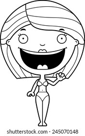 A cartoon illustration of a woman in a bikini waving.