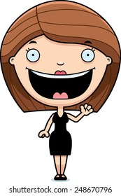A cartoon illustration of a woman in a black dress waving.