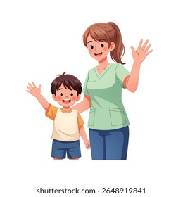 Ilustração em desenho animado de uma mulher e um menino, ambos sorrindo e acenando. A mulher parece ser enfermeira ou cuidadora.