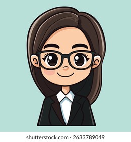 Cartoon illustration of a woman with brown hair, wearing glasses and a black business suit, smiling with a white collared shirt.