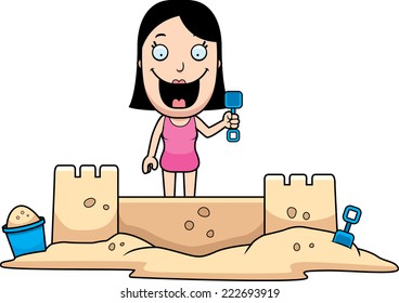 A cartoon illustration of a woman building a sandcastle.