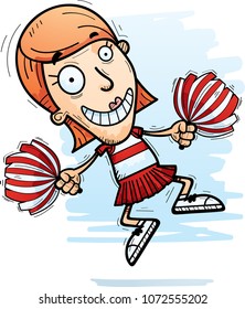 A cartoon illustration of a woman cheerleader jumping.