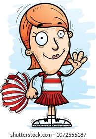 A cartoon illustration of a woman cheerleader waving.