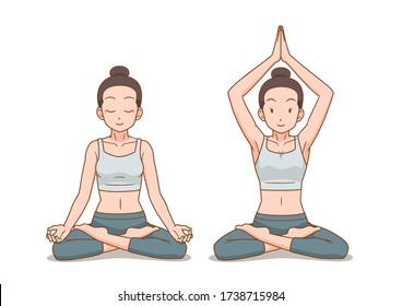Cartoon illustration of woman do yoga in lotus pose or cross legged sitting meditation pose.
