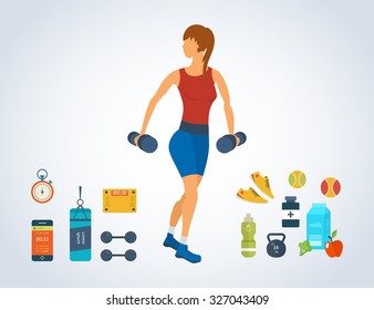 Cartoon illustration of a woman exercising with dumbbells. Sport fitness friendly female 