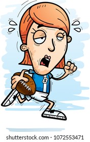 A cartoon illustration of a woman football player running and looking exhausted.