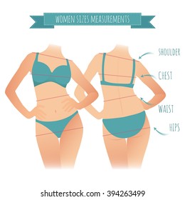 cartoon illustration woman front and back for measurement of parameters body. vector Women sizes measurements for your design