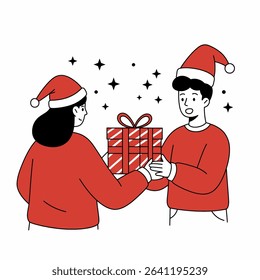 Cartoon illustration of a woman giving a Christmas gift to a surprised man, both wearing Santa hats, with stars and dots around them.